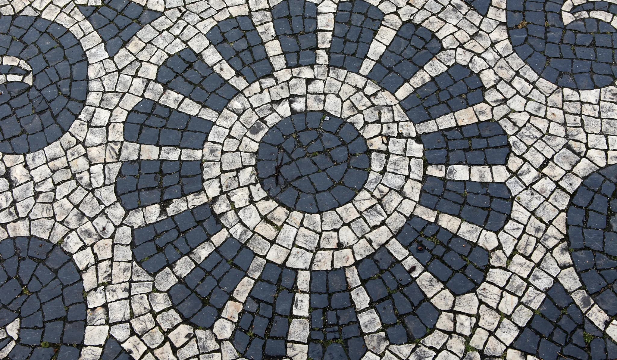 Close-up of a circular black and white stone pavement pattern, each piece cut and laid by hand