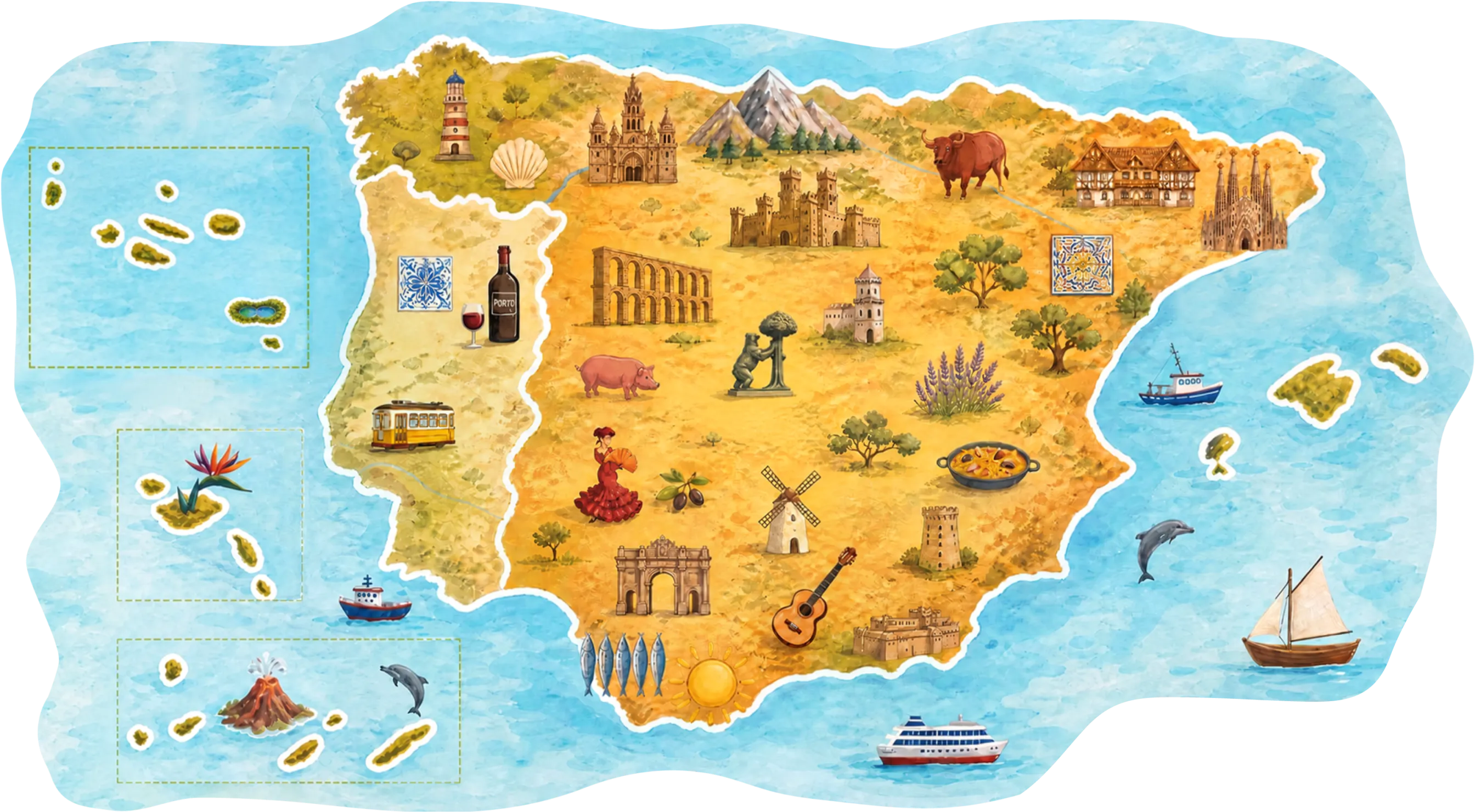 Illustrated map of Spain and Portugal with Cititravel's destinations