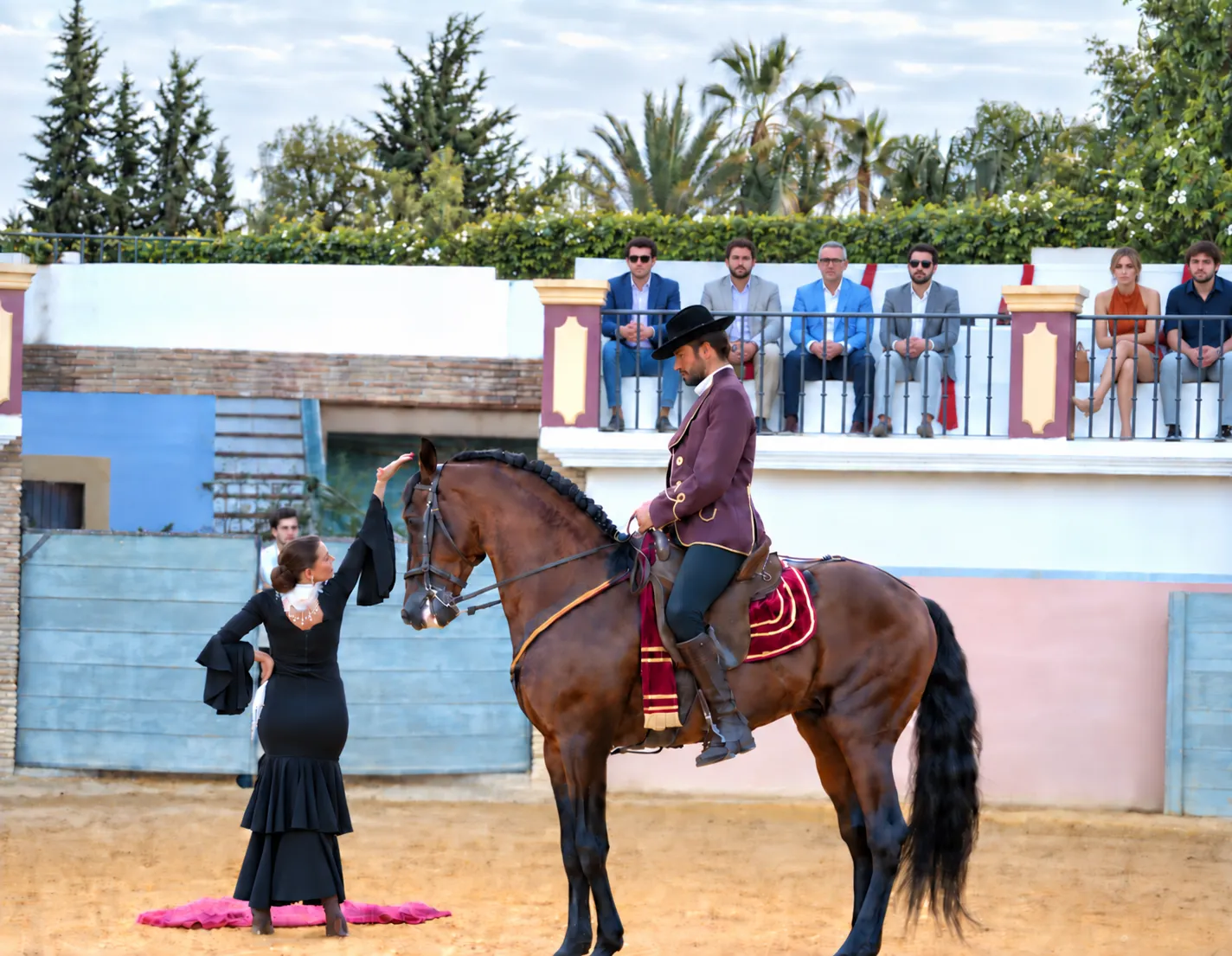 Equestrian show in an arena, with a rider in traditional Spanish dress and a flamenco dancer in front of the stands